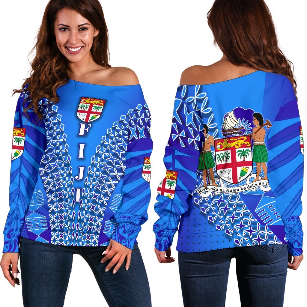 Fiji Drua Women Off Shoulder Sweater Tapa Blue - Polynesian Pride