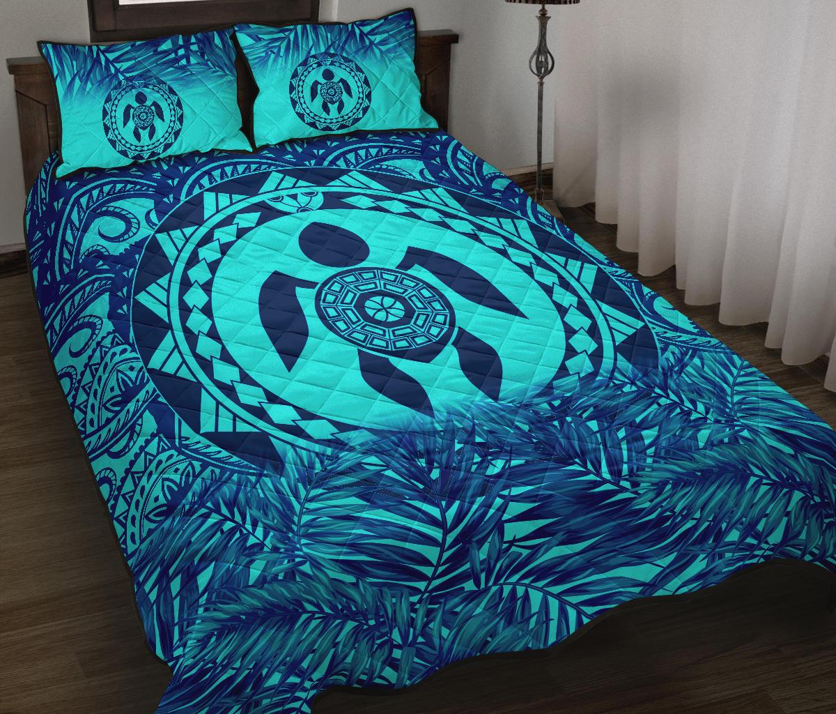 Polynesian Quilt Bed Set - Dark Blue Turtle Palm Torquoise Version Blue - Polynesian Pride