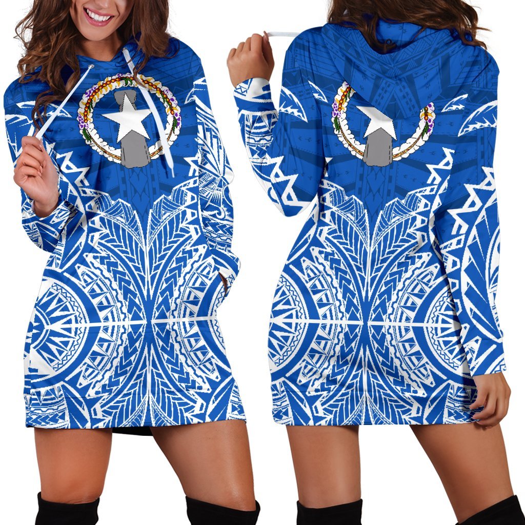 Northern Mariana Islands Hoodie Dress - Northern Mariana Islands Flag Premium Blue - Polynesian Pride