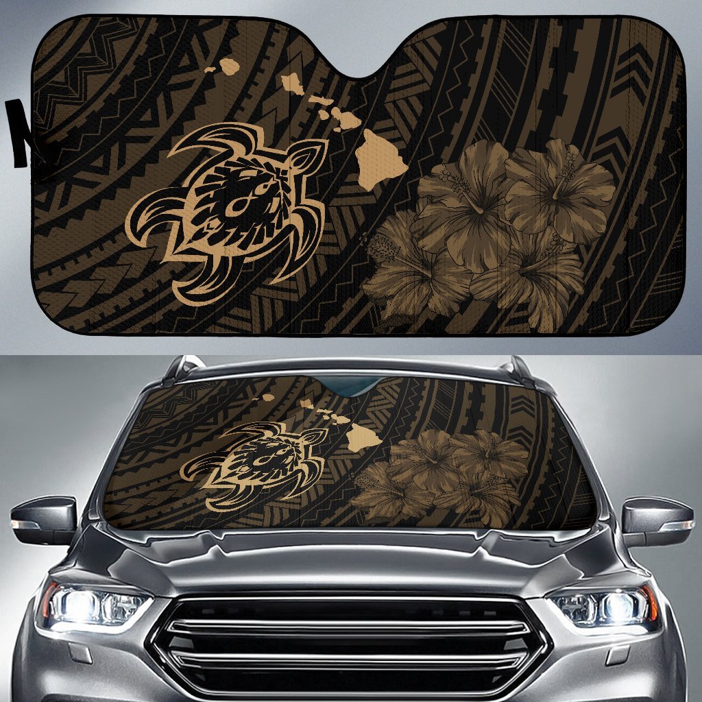 Hawaiian Hibiscus Sea Turtle Swim Polynesian Car Sun Shade - AH - Gold Auto Sun Shade Universal Fit Gold - Polynesian Pride