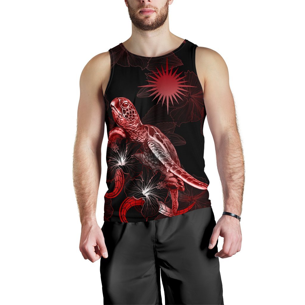 Marshall Islands Men Tank Top - Turtle With Blooming Hibiscus Red - Polynesian Pride