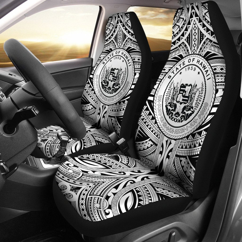 Hawaii Car Seat Covers - Polynesian Tattoo & Coat Of Arm Hawaii Universal Fit White - Polynesian Pride