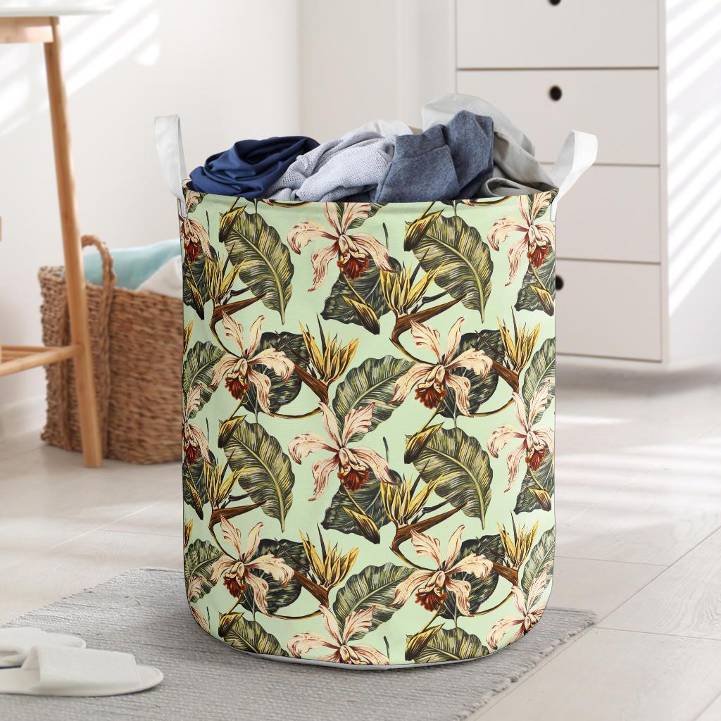 Hawaii Vintage Tropical Jungle Leaves Orchid Bird Hawaii Laundry Basket AH Laundry Basket - 1 One Size White - Polynesian Pride