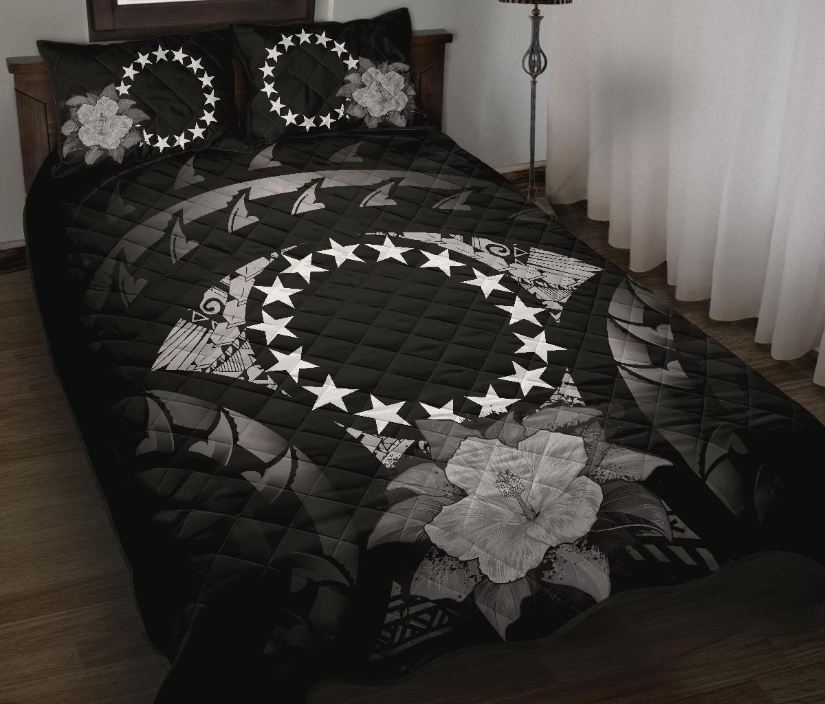 Cook Islands Polynesian Quilt Bed Set Hibiscus Gray Black - Polynesian Pride