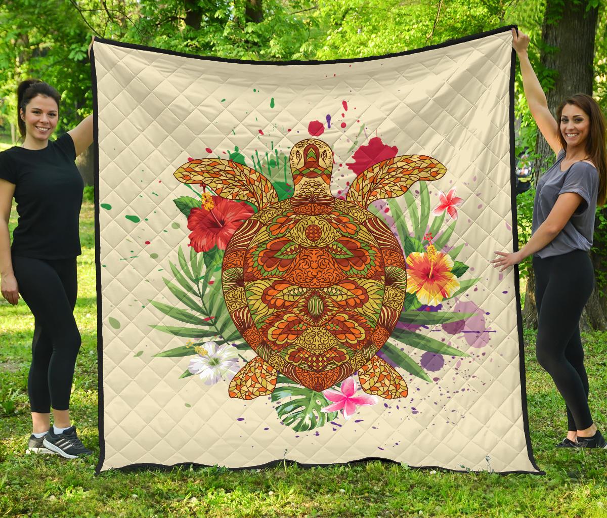 Hawaii Turtle Life Hibiscus Design Premium Quilt Beige - Polynesian Pride