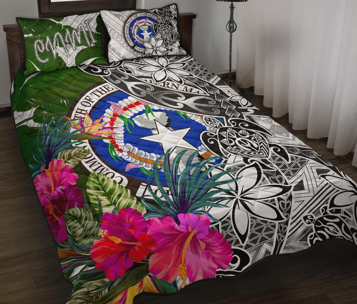 Northern Mariana Islands Quilt Bed Set White - Turtle Plumeria Banana Leaf White - Polynesian Pride