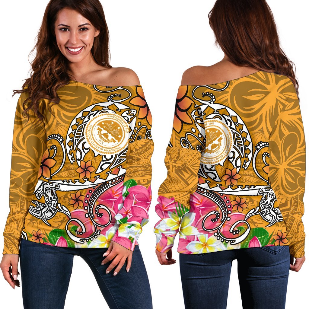 FSM Women's Off Shoulder Sweater - Turtle Plumeria (Gold) Gold - Polynesian Pride