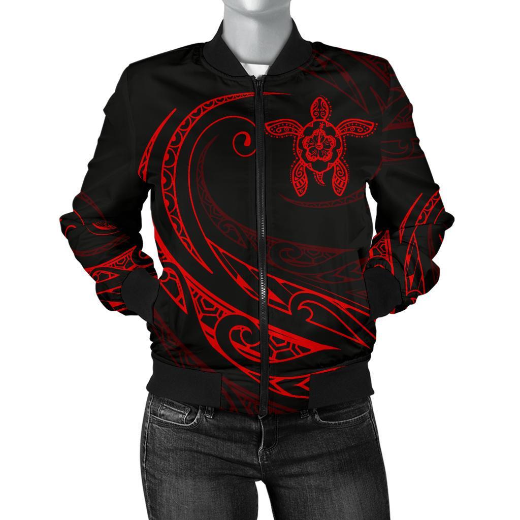 Hawaii Turtle Polynesian Women's Bomber Jacket - Red - Frida Style Red - Polynesian Pride