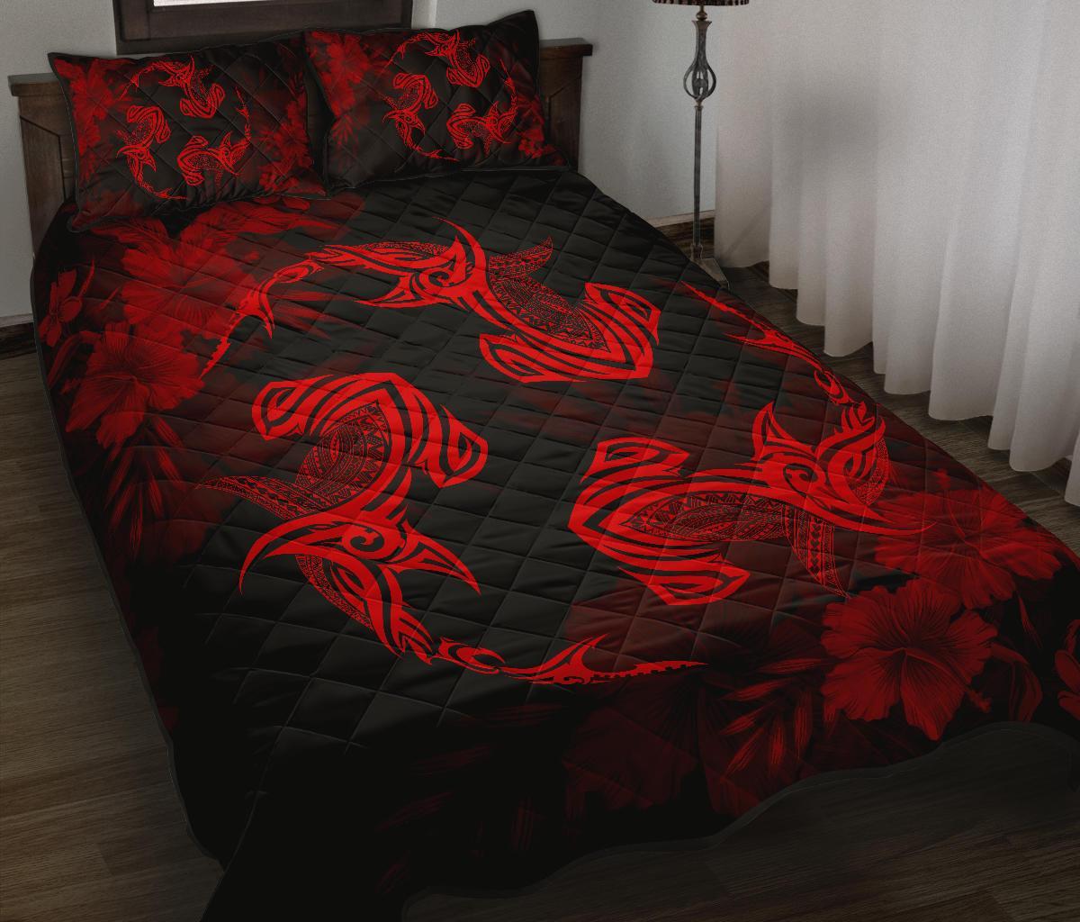 Hawaii Head Hammer Shark Hibiscus Red Quilt Bed Set - Polynesian Pride