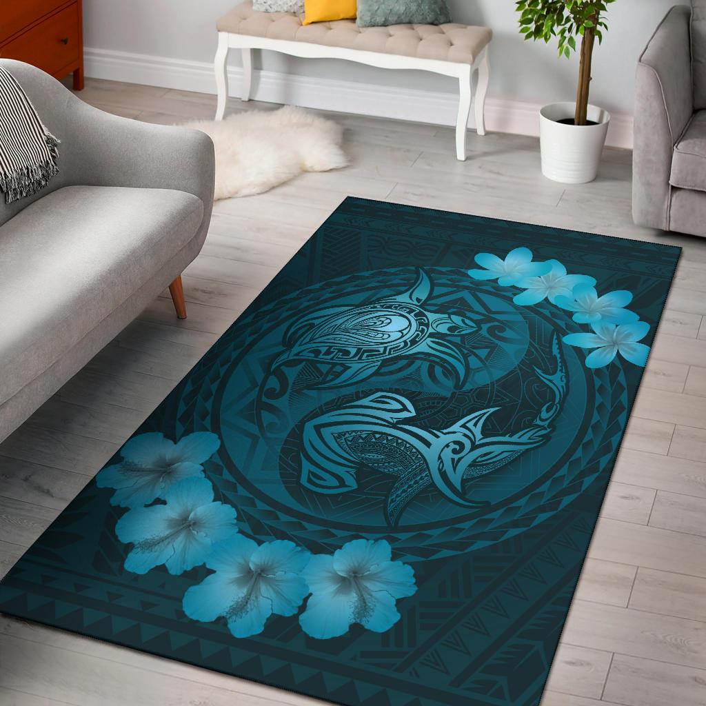 Hawaii Yin Yang Turtle Shark Hibiscus Plumeria Rug - Turquoise Turquoise - Polynesian Pride