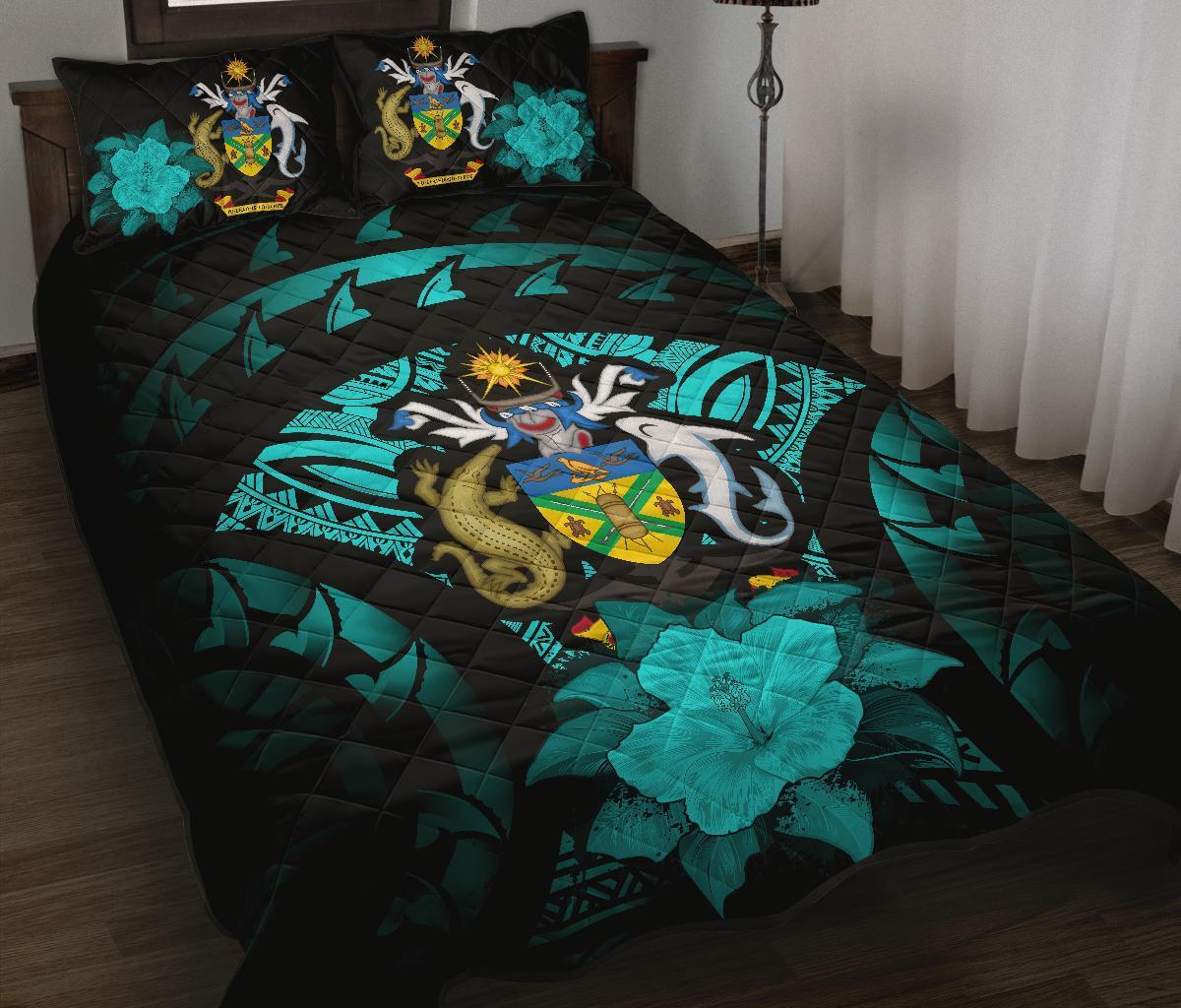 Solomon Islands Polynesian Quilt Bed Set Hibiscus Turquoise Black - Polynesian Pride