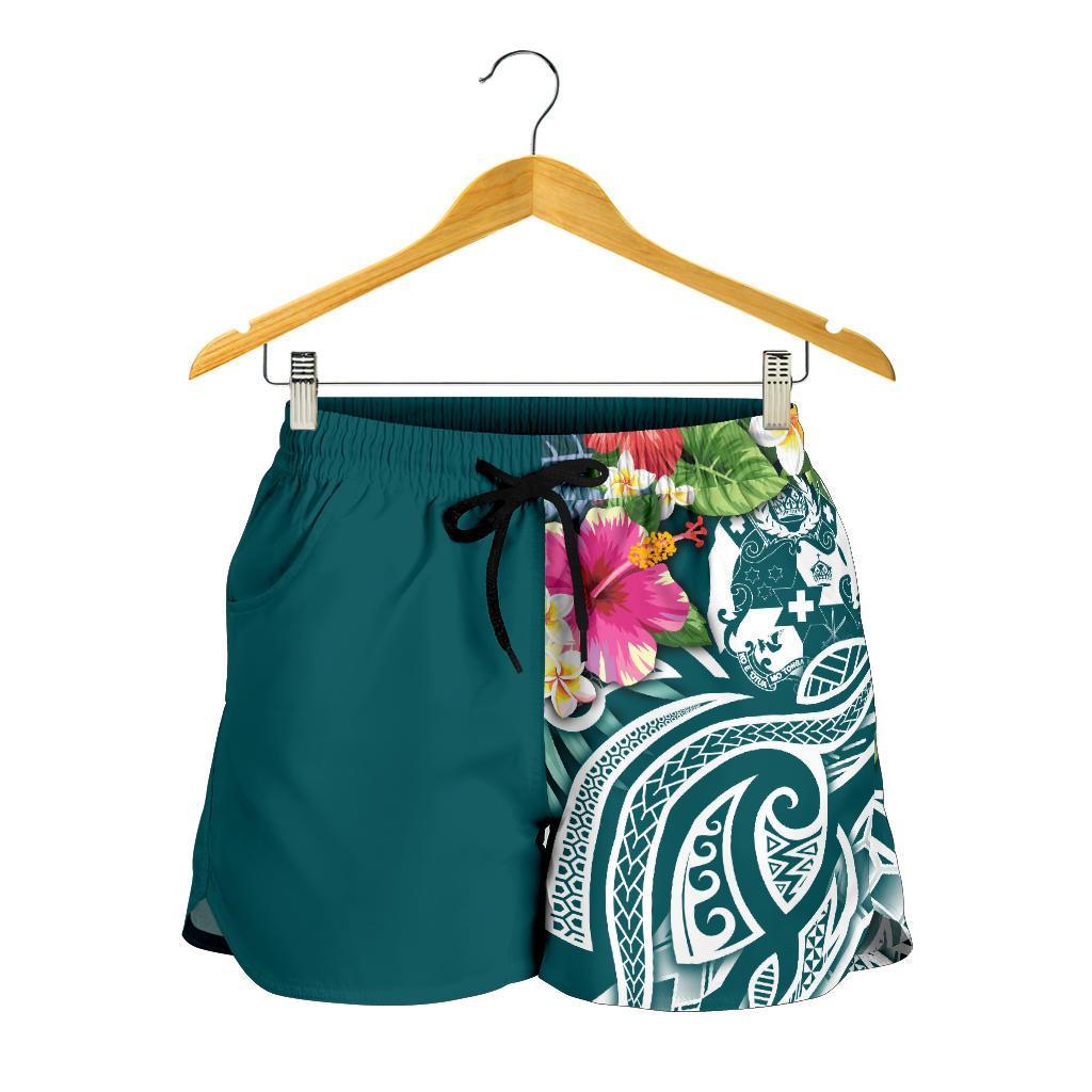 Tonga Polynesian Women's Shorts - Summer Plumeria (Turquoise) - Polynesian Pride