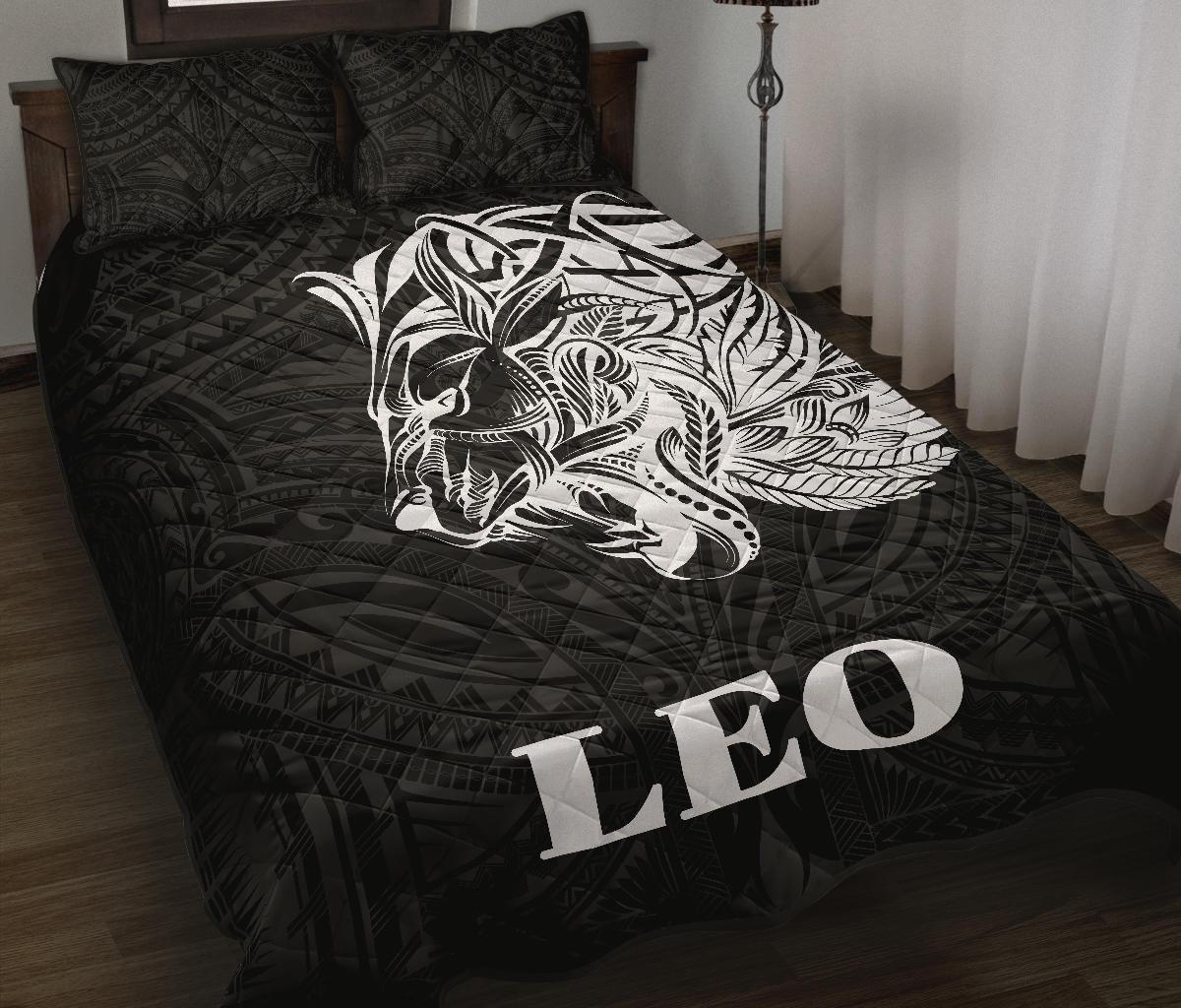 Sun In Leo Zodiac Quilt Bed Set Polynesian Tattoo Simple - White Black - Polynesian Pride