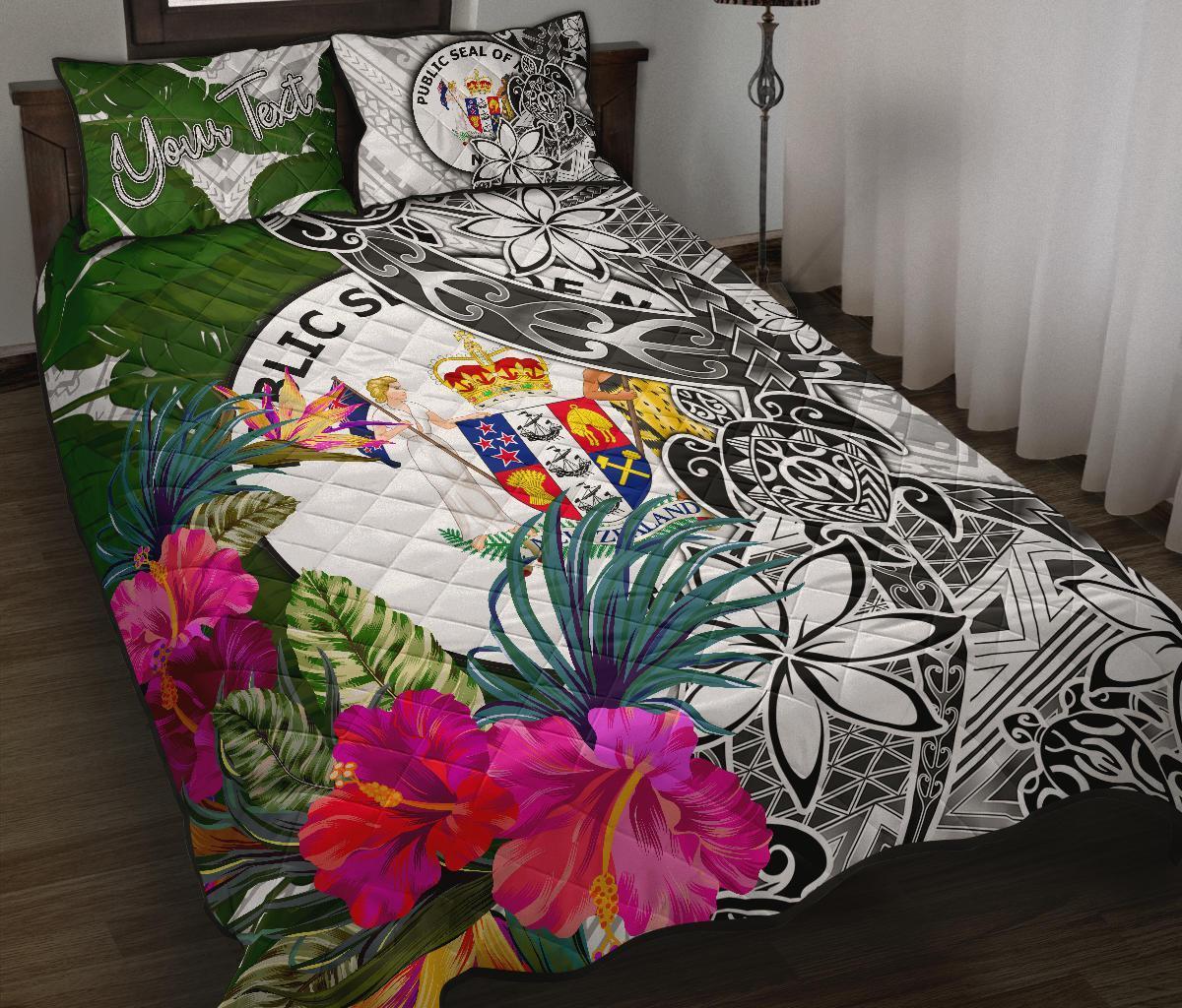 Niue Custom Personalised Quilt Bet Set White - Turtle Plumeria Banana Leaf White - Polynesian Pride