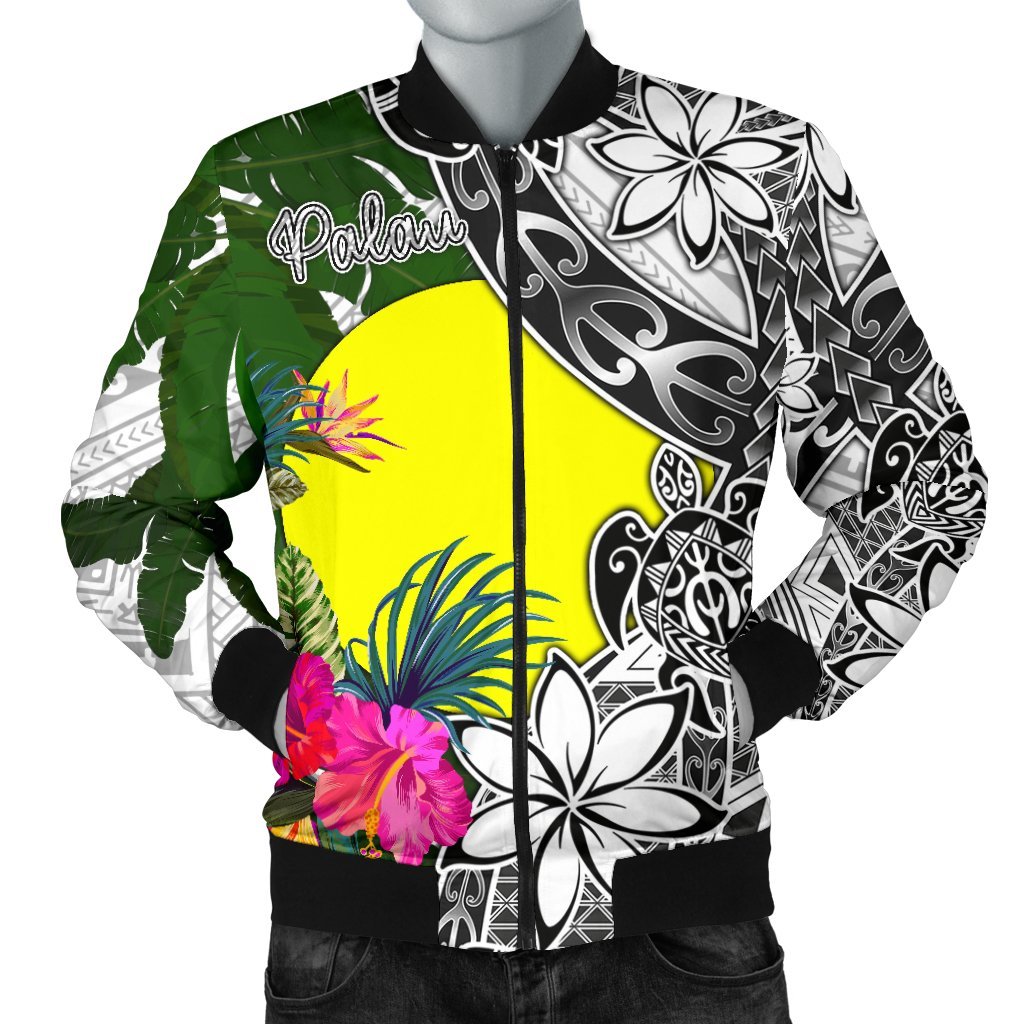Palau Men's Bomber Jacket White - Turtle Plumeria Banana Leaf White - Polynesian Pride
