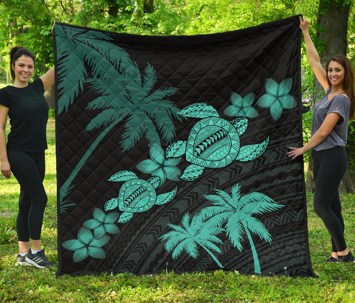 Hawaii Turtle Plumeria Coconut Tree Polynesian Premium Quilt - Turquoise Turquoise - Polynesian Pride