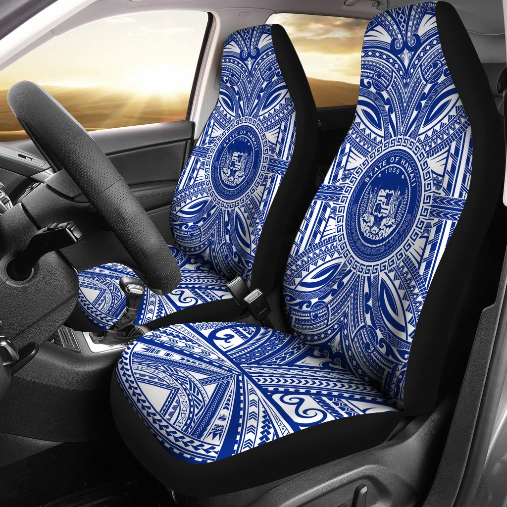 Hawaii Car Seat Cover - Hawaii Coat Of Arms Polynesian Flag Color Universal Fit Blue - Polynesian Pride