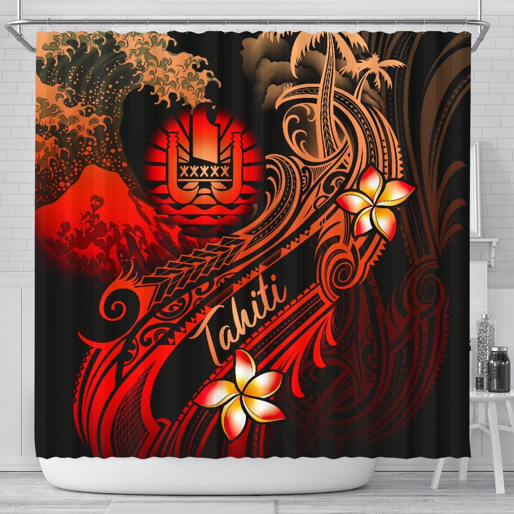 Tahiti Polynesian Shower Curtain - Plumeria Flowers And Waves 177 x 172 (cm) Red - Polynesian Pride