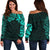 New Zealand Women's Off Shoulder Sweater, Maori Polynesian Tattoo Turquoise Turquoise - Polynesian Pride