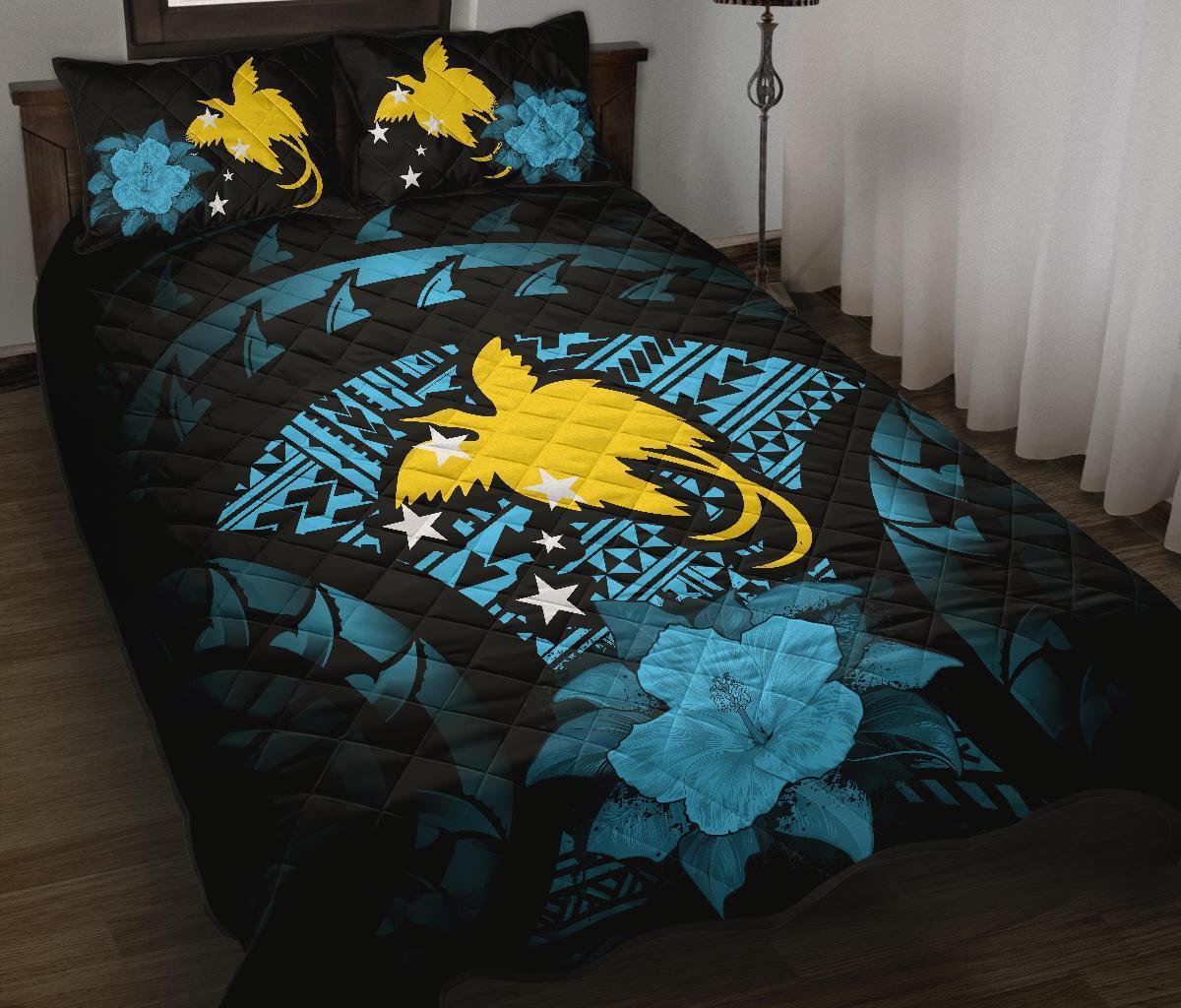 Papua New Guinea Polynesian Quilt Bed Set Hibiscus Blue Black - Polynesian Pride