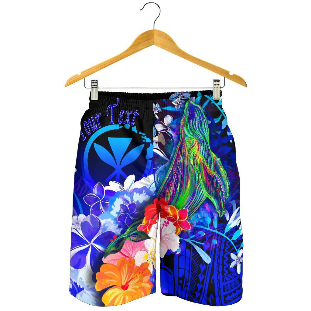 Polynesian Hawaii Custom Personalised Men's Shorts - Kanaka Maoli Humpback Whale with Tropical Flowers (Blue) Blue - Polynesian Pride