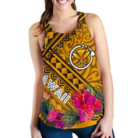 Hawaii Women's Racerback Tank - Kanaka Maoli With Hibiscus On Polynesian Patterns (YELLOW) - Polynesian Pride