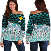 Papua New Guinea Women's Off Shoulder Sweaters - Coconut Leaves Weave Pattern Blue Blue - Polynesian Pride