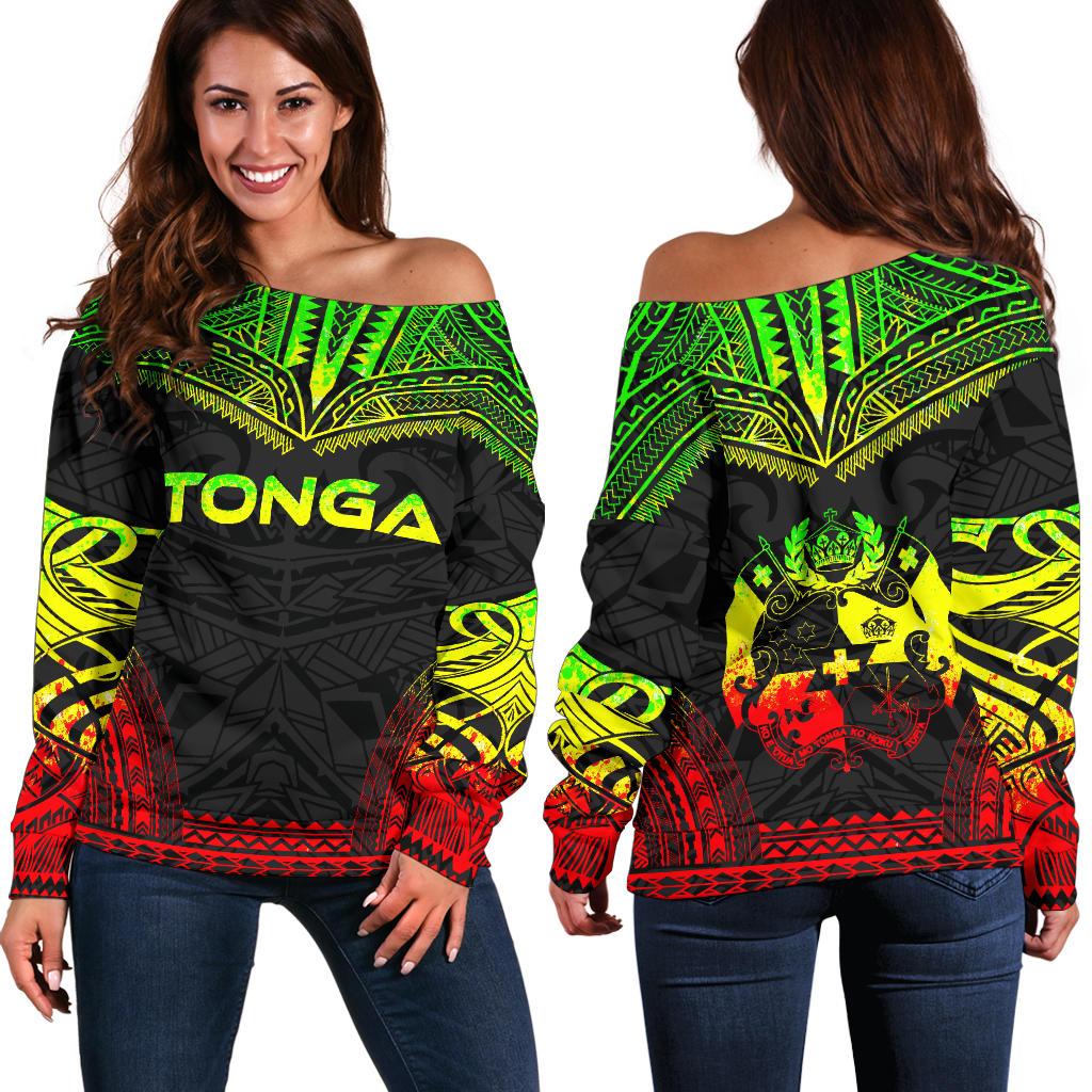 Tonga Polynesian Chief Women's Off Shoulder Sweater - Reggae Version Art - Polynesian Pride