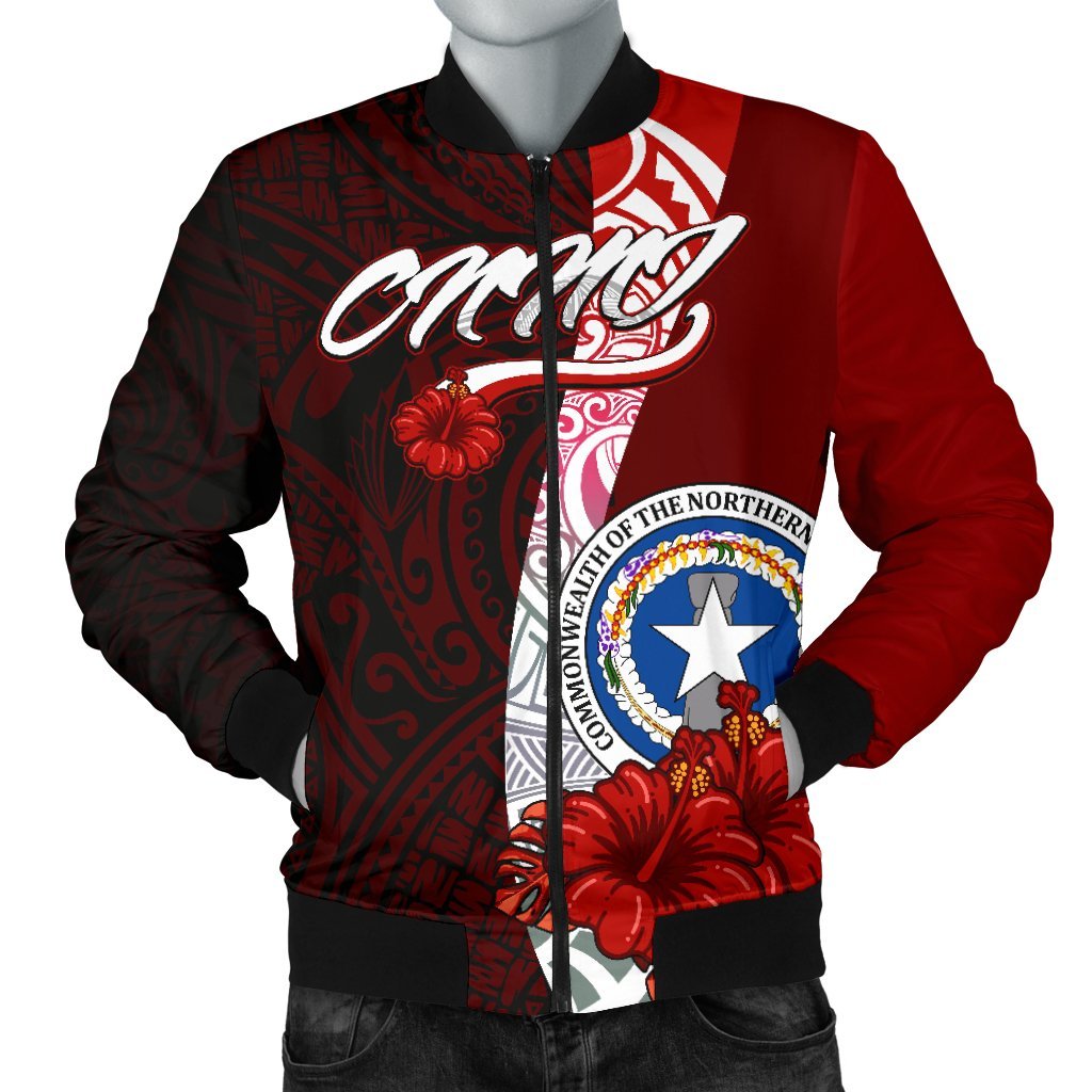 Northern Mariana Islands Polynesian Men's Bomber Jacket - Coat Of Arm With Hibiscus Red - Polynesian Pride