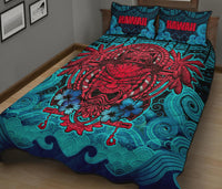 Hawaii Polynesian Quilt Bed Set - Hawaiian Red Tiki Face - Torquoise Version - Polynesian Pride