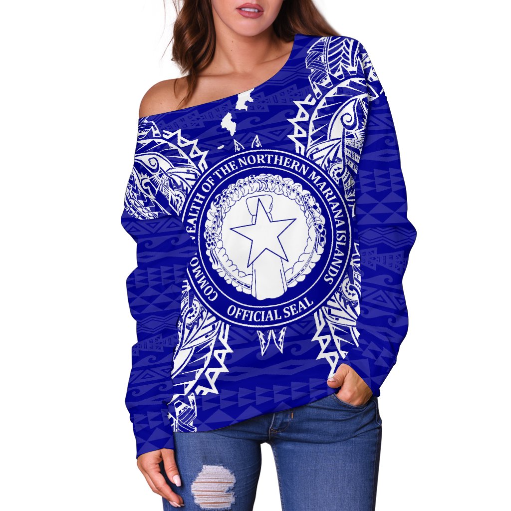 Northern Mariana Islands Polynesian Shoulder Sweater Map Blue - Polynesian Pride