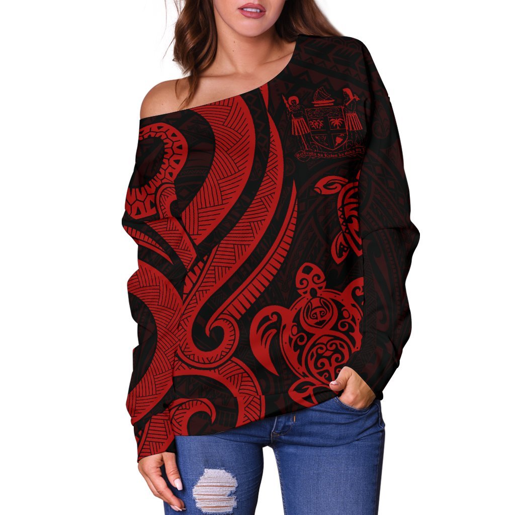 Fiji Polynesian Women Of Shoulder Sweater - Red Tentacle Turtle Crest - Polynesian Pride