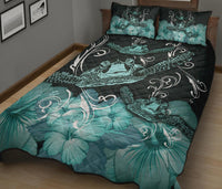 Hawaii Polynesian Turtle Waves Hibiscus Quilt Bed Set - Erik Style - AH - Turquoise - Polynesian Pride