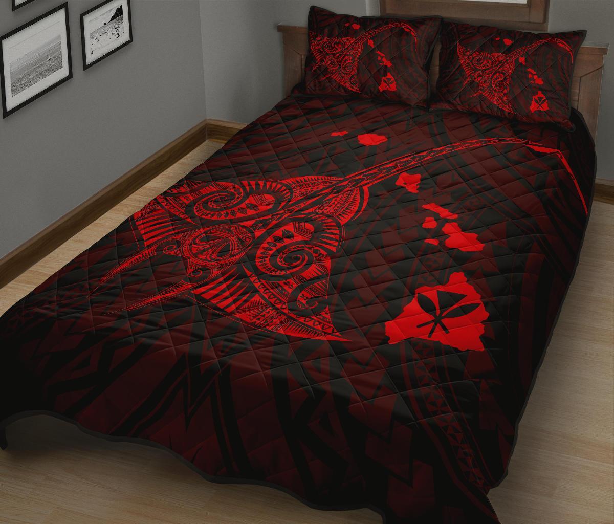 Hawaii Manta Ray Map Polynesian Red Quilt Bed Set - Polynesian Pride