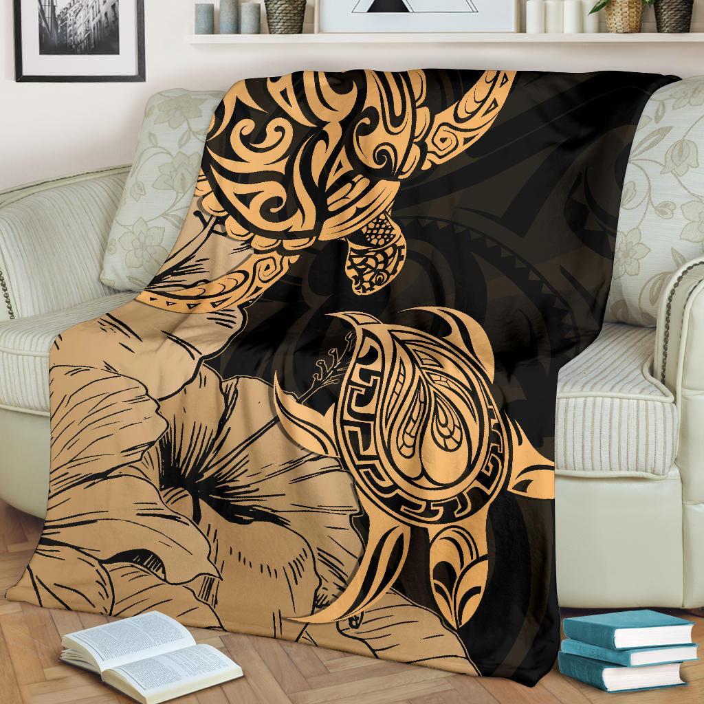 Hawaii Turtle Premium Blanket Polynesian Hibiscus Art Gold AH - Polynesian Pride