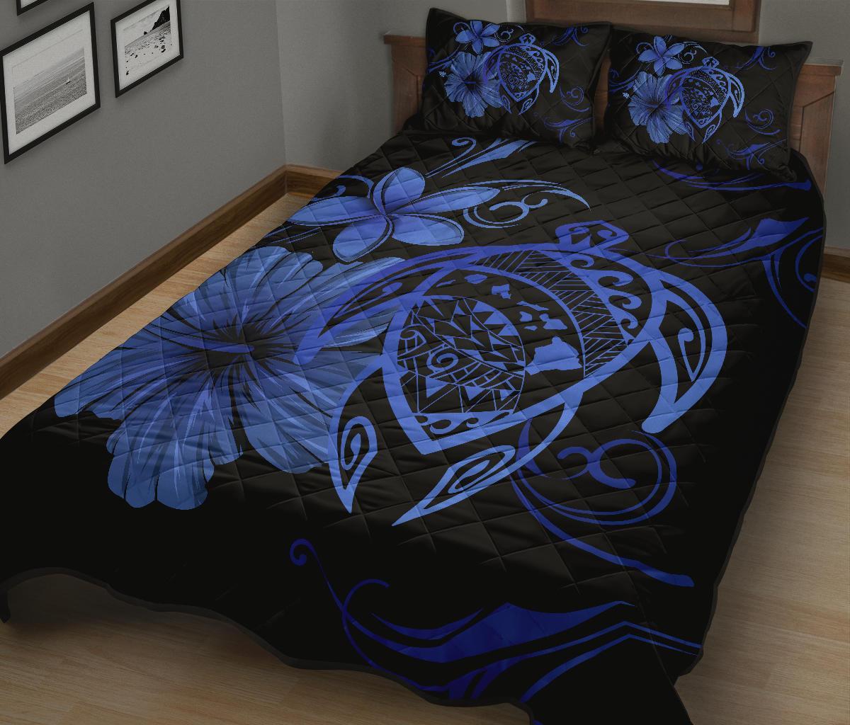 Hawaii Turtle Kanaka Map Hibiscus Poly Quilt Bed Set - Blue - Polynesian Pride