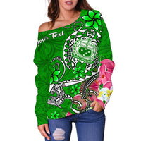 Samoa Custom Personalised Women's Off Shoulder Sweater - Turtle Plumeria (Green) - Polynesian Pride