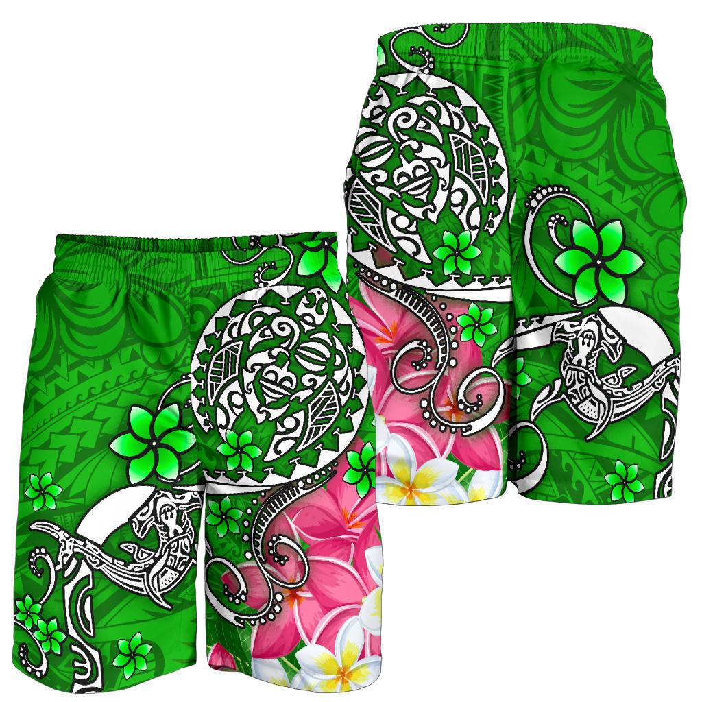 Polynesian Men's Shorts - Turtle Plumeria Green Color - Polynesian Pride