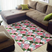 Pink Monstera And Green Tropical Leaves White Rug - Polynesian Pride