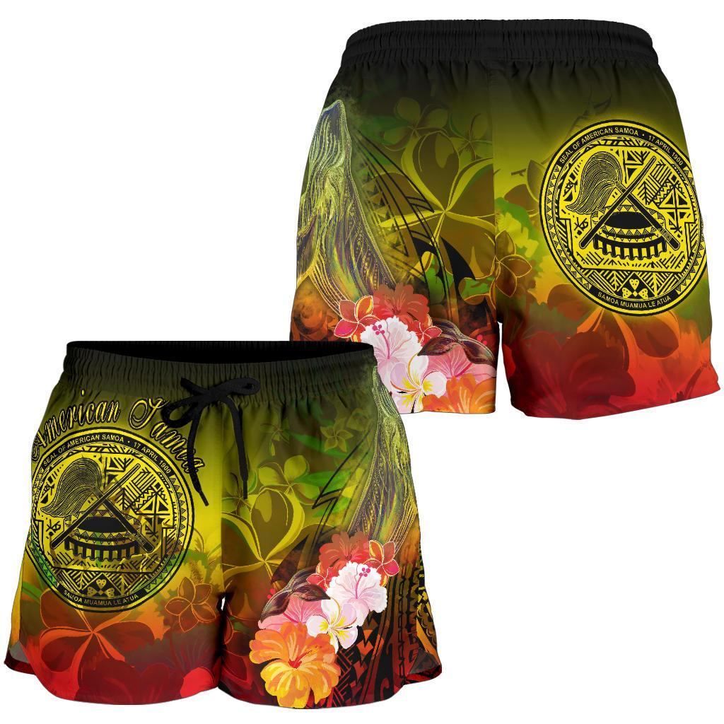 American Samoa Polynesian Women's Shorts - Humpback Whale with Tropical Flowers - Polynesian Pride