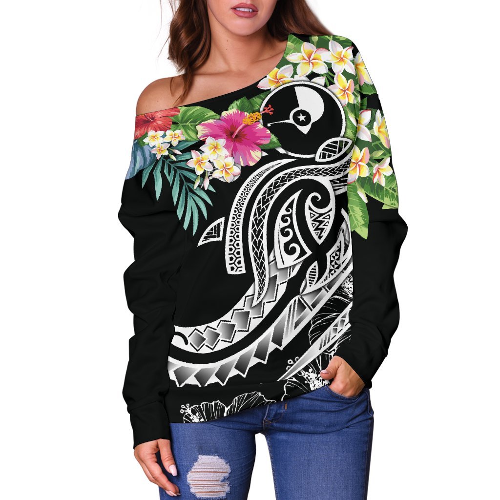 YAP Polynesian Women's Off Shoulder Sweater - Summer Plumeria (Black) - Polynesian Pride