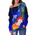 Pohnpei Custom Personalised Women's Off Shoulder Sweater - Humpback Whale with Tropical Flowers (Blue) - Polynesian Pride