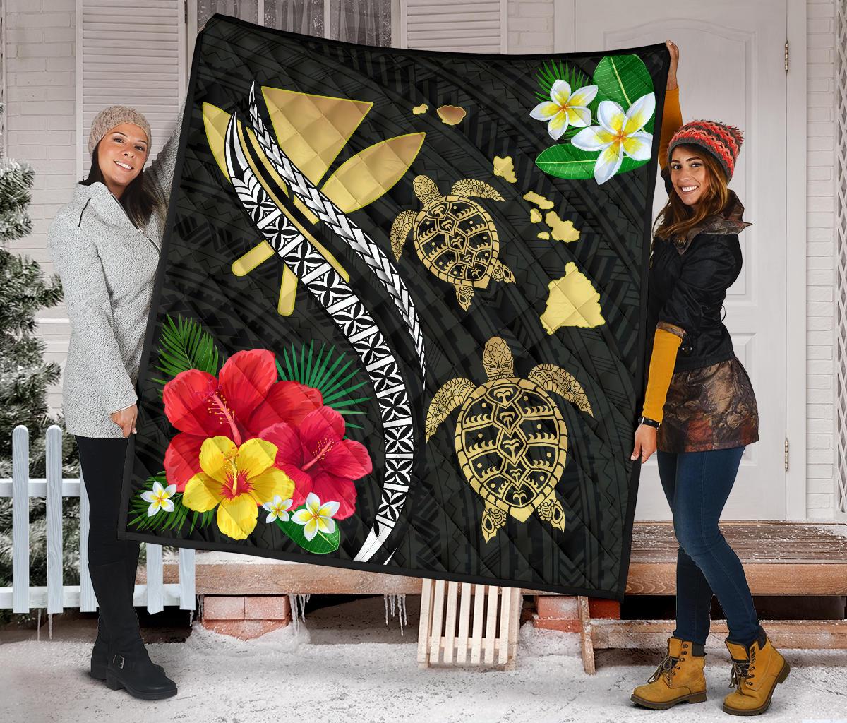Hawaii Map Turtle Hibiscus Plumeria Polynesian - Premium Quilt AH - Polynesian Pride