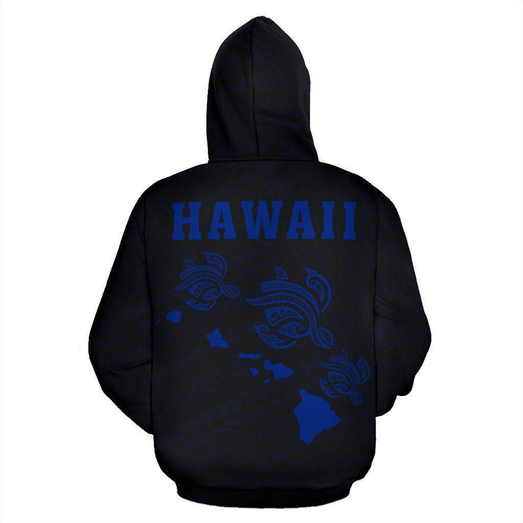 Polynesian Kakau Three Turtle Map of Hawaii Zip Hoodie Blue - Polynesian Pride