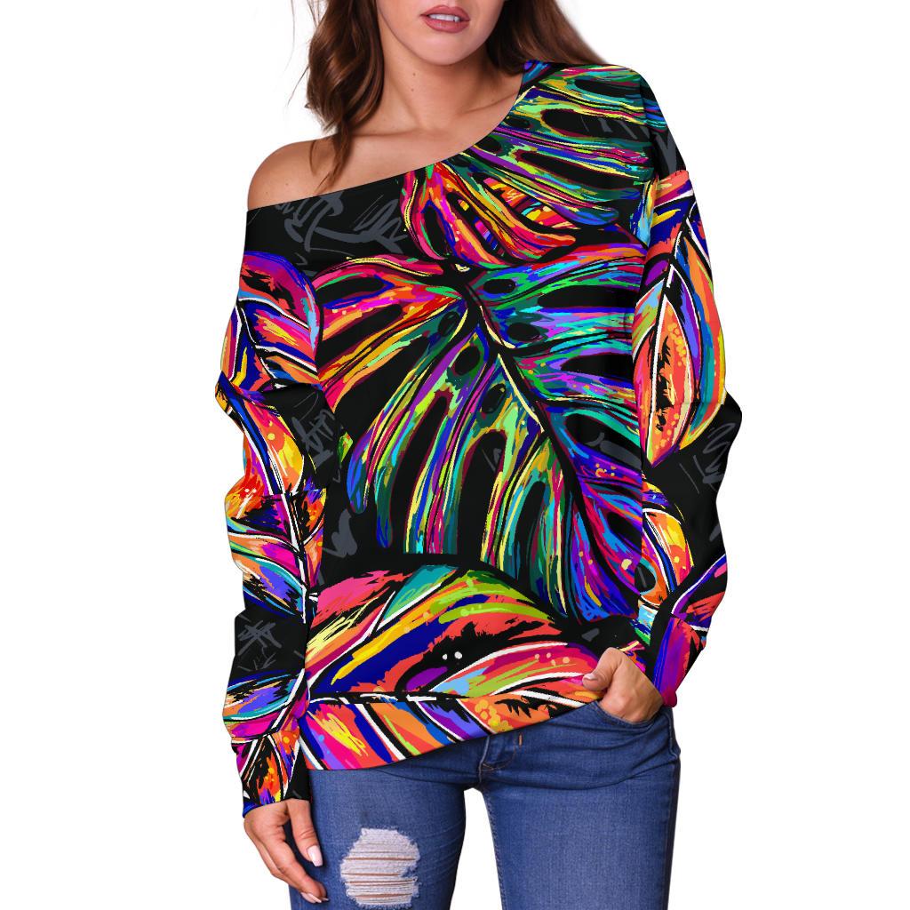 Palm Leaves Women's Off Shoulder Sweater - Neon Color - Polynesian Pride