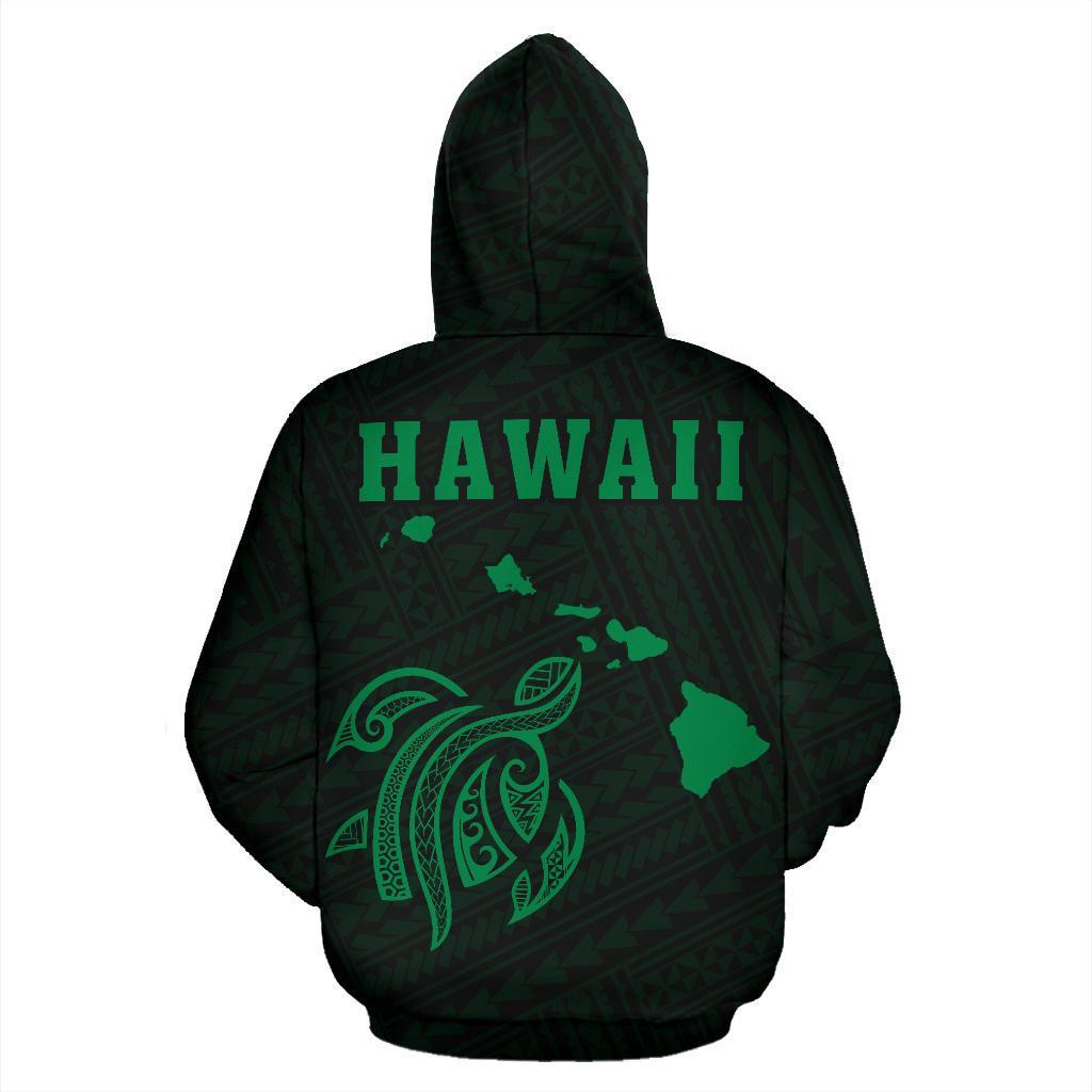 Polynesian Kakau Turtle Map of Hawaii Zip Hoodie Green - Polynesian Pride