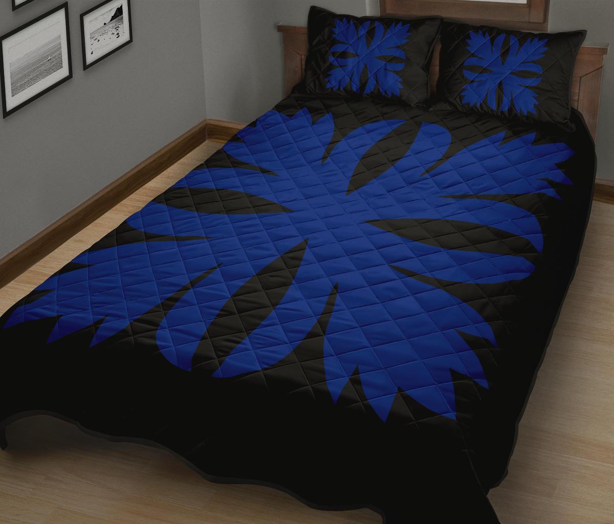 Hawaiian Royal Pattern Quilt Bed Set - Black And Blue - C3 Style - Polynesian Pride
