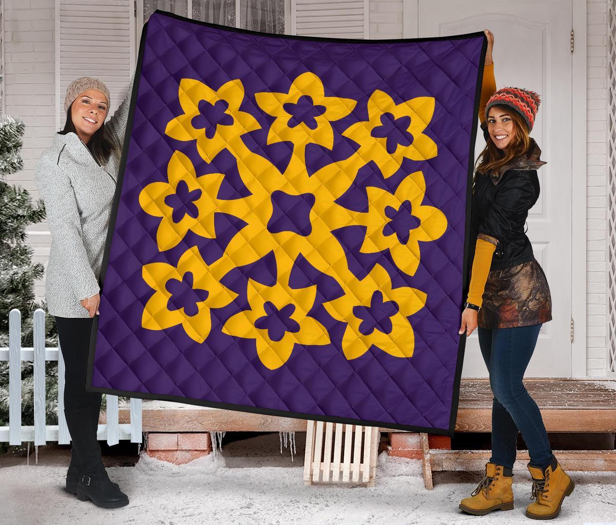 Hawaiian Premium Quilt Royal Pattern - Purple And Gold - A1 Style - Polynesian Pride