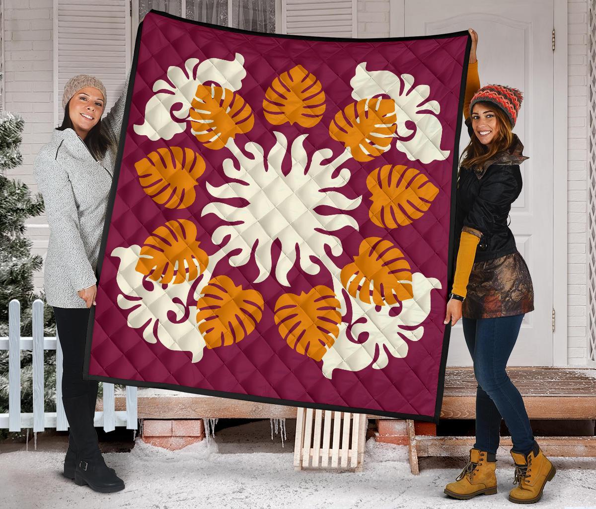 Hawaiian Tropical Pattern Premium Quilt - Burgundy - Argu Style - AH - Polynesian Pride