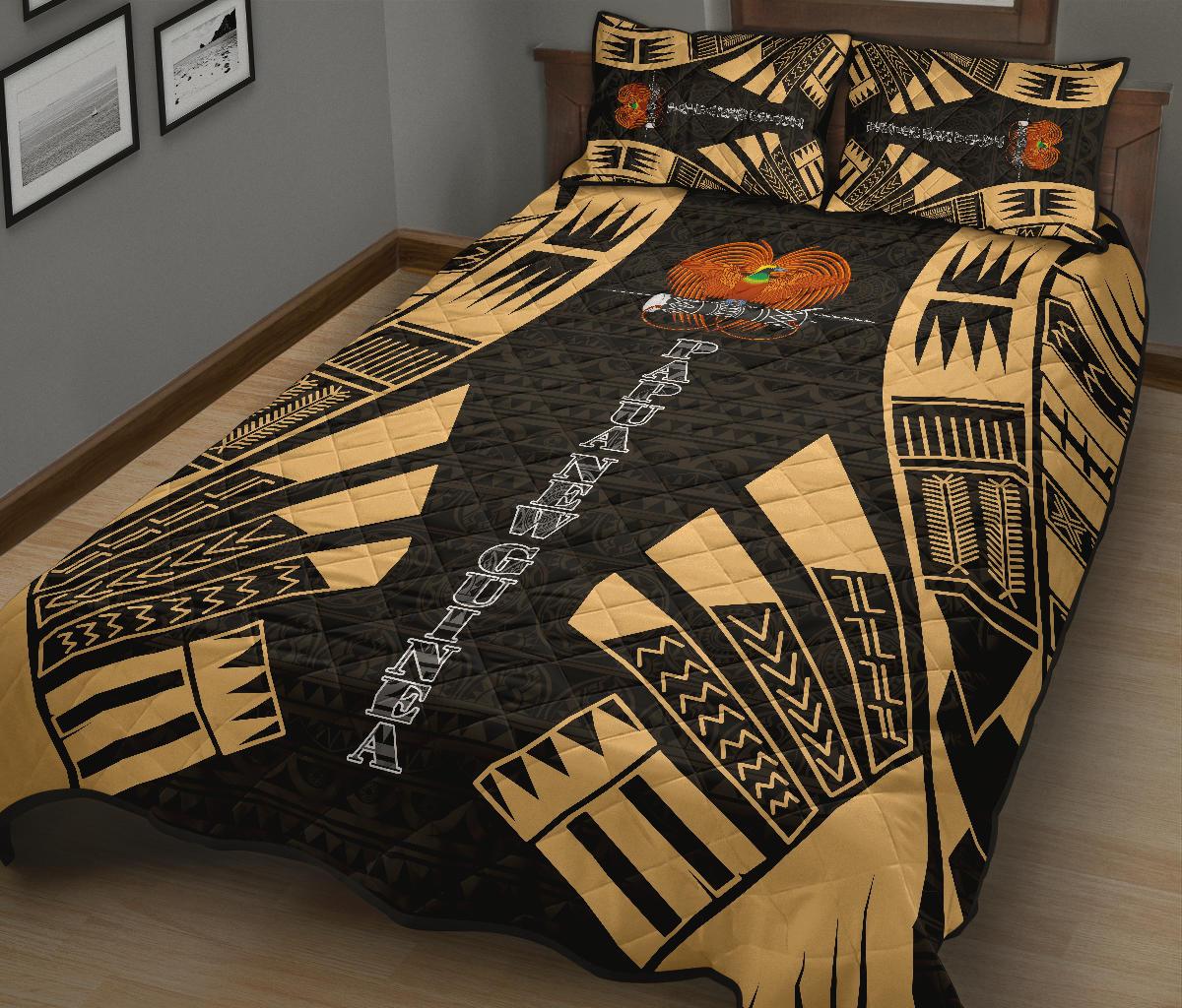 Papua New Guinea Quilt Bed Set - Papua New Guinea Coat Of Arms & Polynesian Yellow Tattoo Style - Polynesian Pride